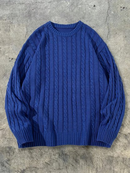 Autumn/Winter Unisex Street Style Drawstring Cable Knit Twisted Pattern Couple's Knit Sweater, Casual Loose Fit Crew Neck Fashion Drop Shoulder Long Sleeve Pullover Top