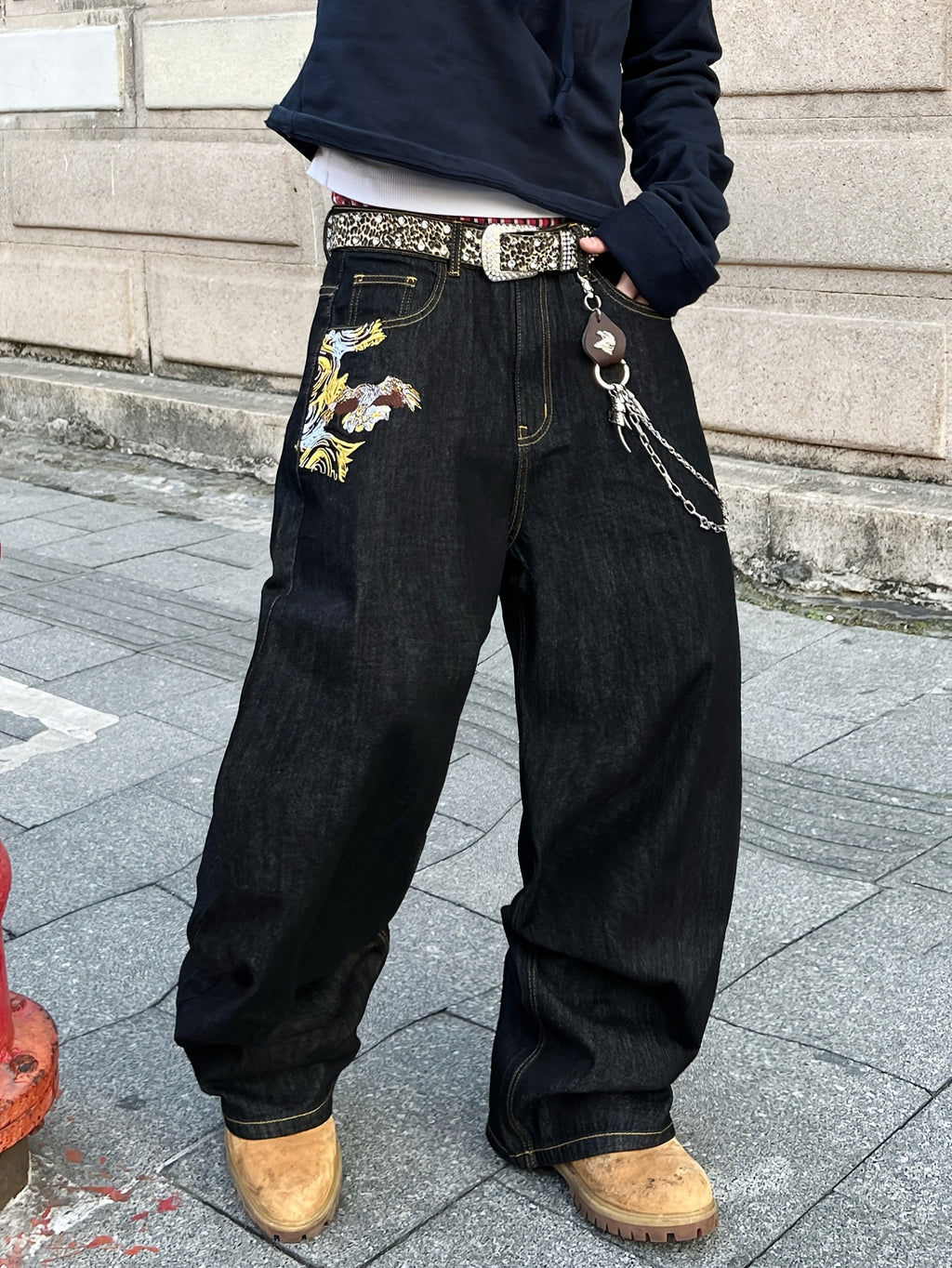 Jean ample en denim brodé doré style vintage américain, résistant et durable | Style streetwear hip-hop, tissu non extensible, longueur standard, toutes saisons, poches, ceinture non incluse
