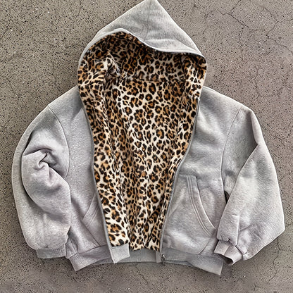 Y2K Vintage Fashion Leopard Print Hoodie, New Double-Sided Harajuku Vintage Leopard Print, Fashion Loose Zipper Hoodie for Men and Women, Street Hip-Hop Casual Sweatshirt, Unisex Streetwear Hoodie with Pockets, Loose Zipper s