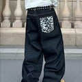 Pantalon homme vintage large noir à imprimé léopard - Coupe ample style streetwear, jean à poches pleine longueur (ceinture/cintre non inclus)