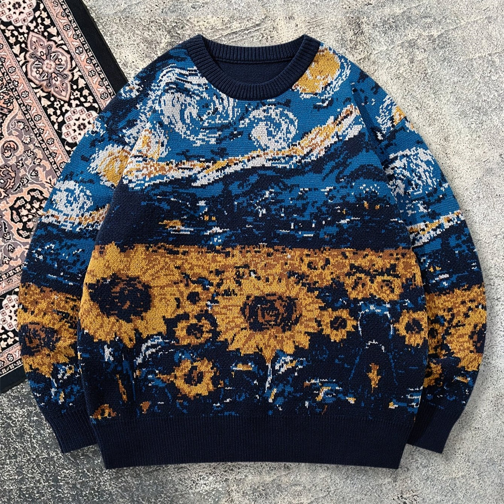 Nouveau pull décontracté pour homme, idéal pour l'automne et l'hiver. Coupe ample, orné d'un motif inspiré de Van Gogh représentant un tournesol et un ciel étoilé, avec des manches longues en maille vintage et un col rond.