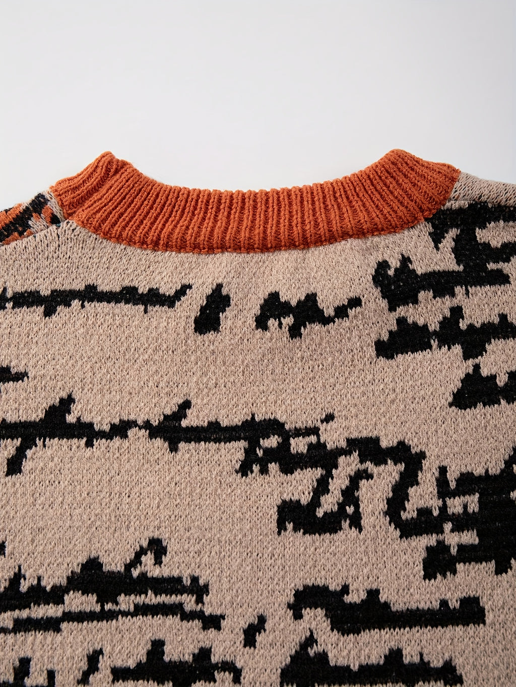 Pull unisexe à manches longues et coupe ample - Motif géométrique orange vif, vert, col rond, poignets côtelés, idéal pour le printemps et l'automne, polyvalent pour une tenue décontractée.