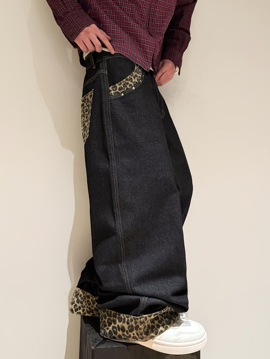 American Retro Style Leopard Print Cuffed Loose Denim Pants, Trendy Streetwear Black Wide-Leg Trousers for Men (Belt And Additions Not Included)