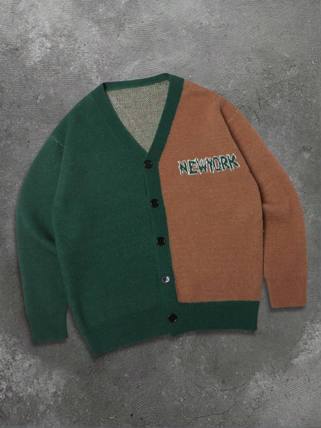 Cardigan homme style streetwear NEW YORK à motif de personnage de dessin animé, coupe ample et neutre, manches longues, col en V, boutons, idéal pour le printemps, l'automne et l'hiver