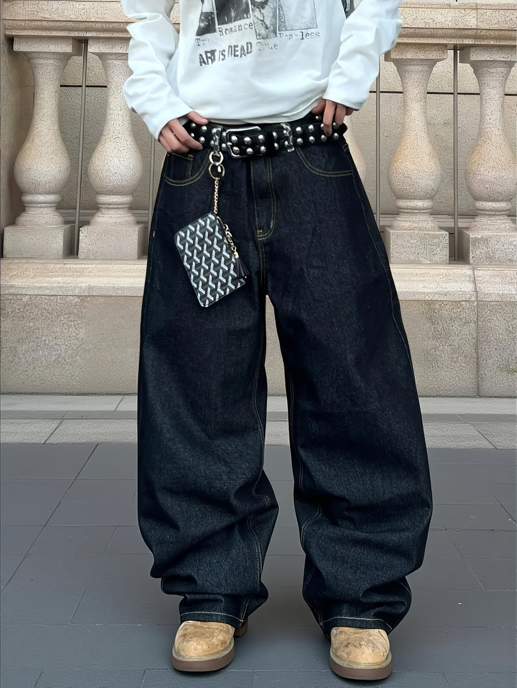 Pantalon homme vintage large noir à imprimé léopard - Coupe ample style streetwear, jean à poches pleine longueur (ceinture/cintre non inclus)