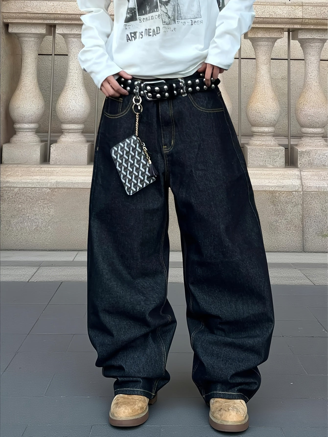 Pantalon homme vintage large noir à imprimé léopard - Coupe ample style streetwear, jean à poches pleine longueur (ceinture/cintre non inclus)
