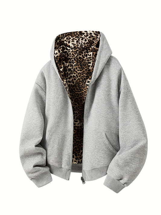 Y2K Vintage Fashion Leopard Print Hoodie, New Double-Sided Harajuku Vintage Leopard Print, Fashion Loose Zipper Hoodie for Men and Women, Street Hip-Hop Casual Sweatshirt, Unisex Streetwear Hoodie with Pockets, Loose Zipper s
