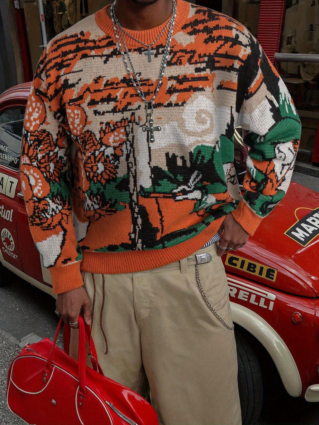 Pull unisexe à manches longues et coupe ample - Motif géométrique orange vif, vert, col rond, poignets côtelés, idéal pour le printemps et l'automne, polyvalent pour une tenue décontractée.