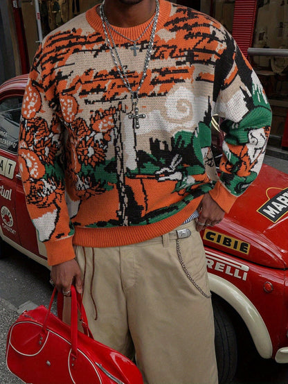 Men'S & Women'S Casual Loose-Fit Long Sleeve Pullover Sweater - Vibrant Orange, Green, & Geometric Pattern, Round Neck, Ribbed Cuffs, Perfect for Spring/Fall, Versatile for Casual Attire, Spring Fall Apparel | Vibrant Pattern