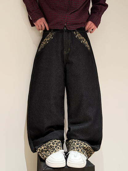 American Retro Style Leopard Print Cuffed Loose Denim Pants, Trendy Streetwear Black Wide-Leg Trousers for Men (Belt And Additions Not Included)