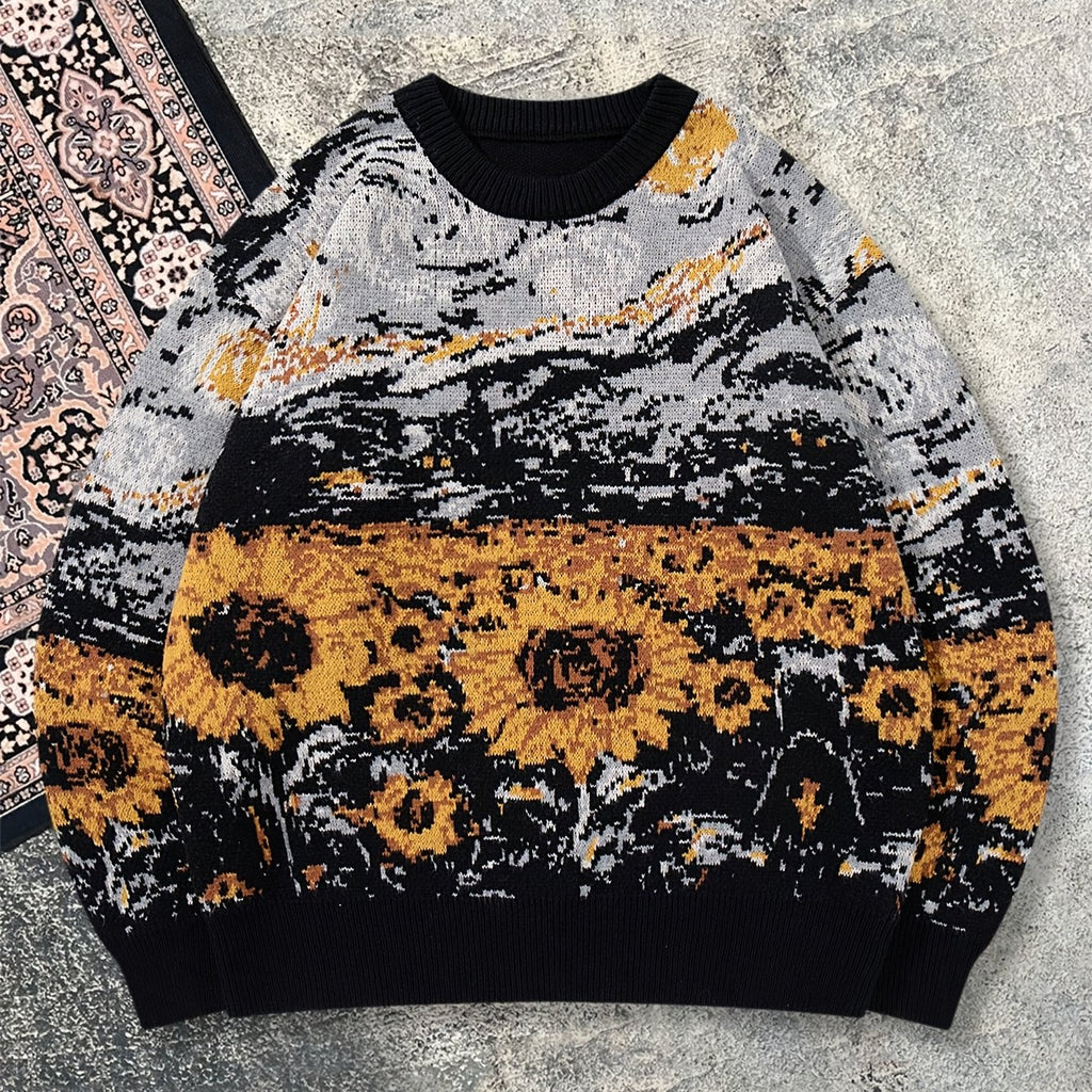 Nouveau pull décontracté pour homme, idéal pour l'automne et l'hiver. Coupe ample, orné d'un motif inspiré de Van Gogh représentant un tournesol et un ciel étoilé, avec des manches longues en maille vintage et un col rond.