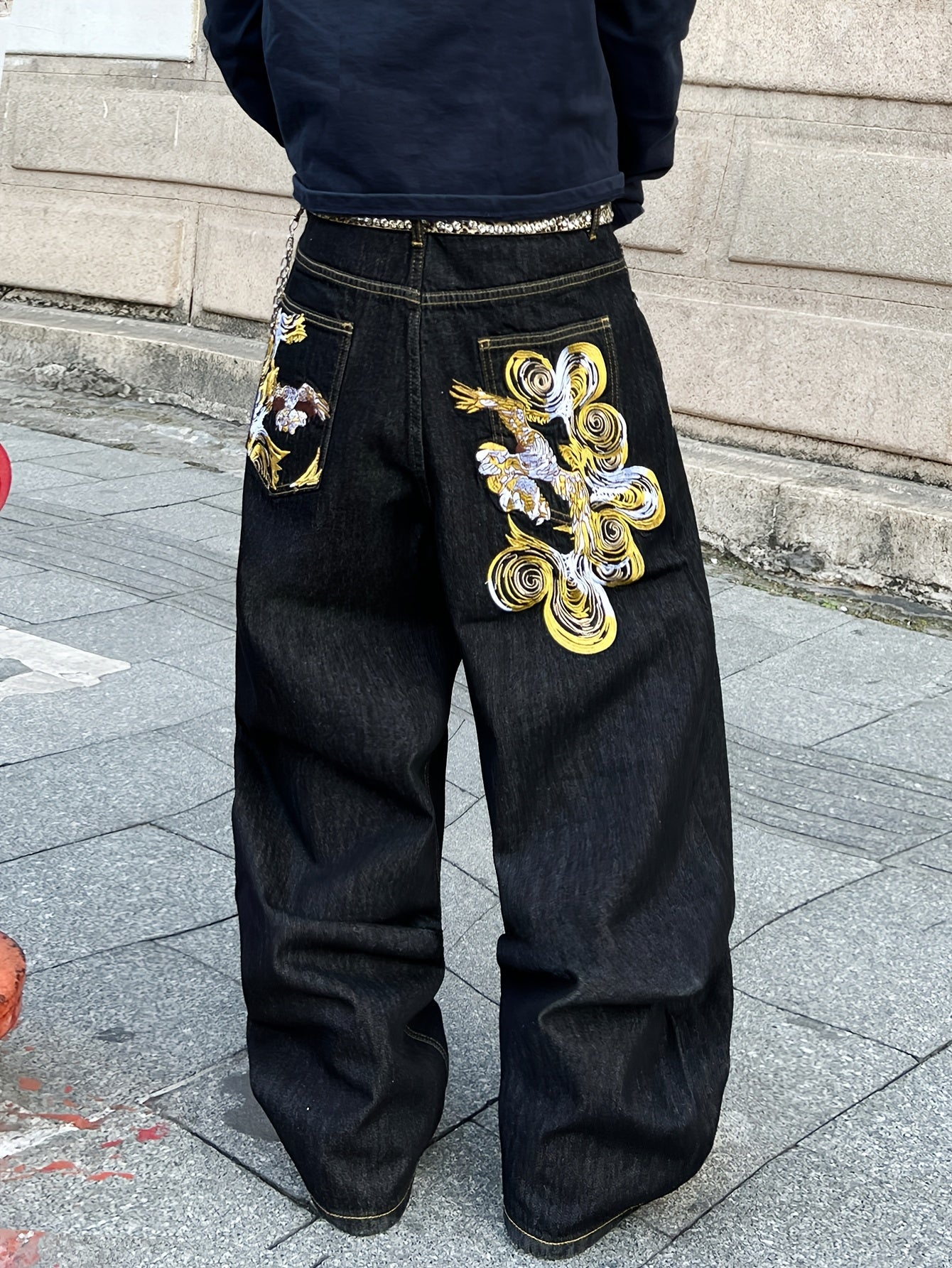 Jean ample en denim brodé doré style vintage américain, résistant et durable | Style streetwear hip-hop, tissu non extensible, longueur standard, toutes saisons, poches, ceinture non incluse