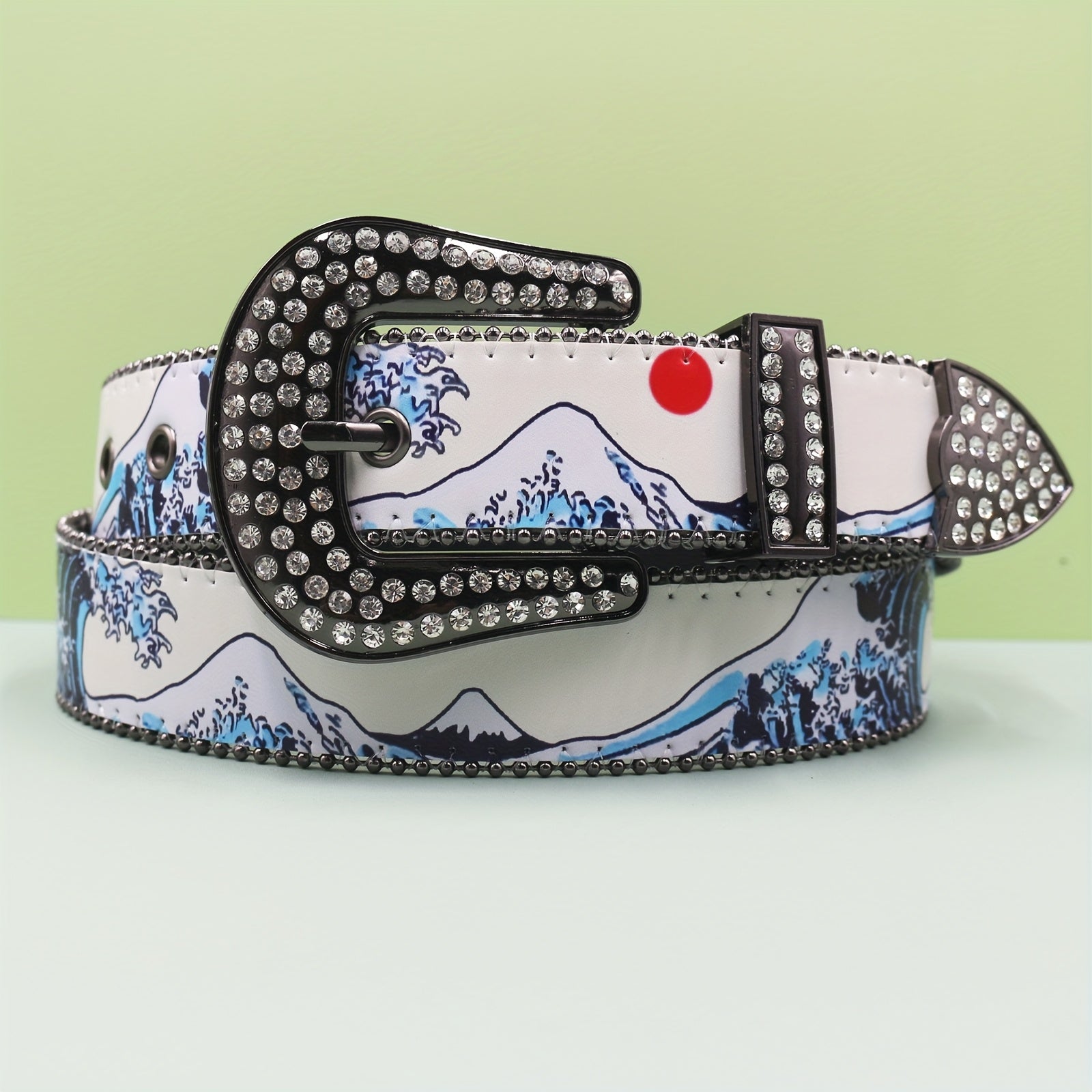 Ceinture blanche strass style années 2000 avec motif paysage de montagne - Boucle en alliage style western, empiècement en similicuir, accessoire de mode unisexe pour jeans et tenues décontractées | Ceinture tendance années 2000 | Ornement strass
