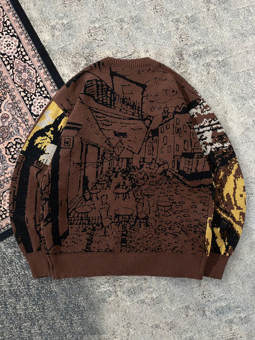 Cardigan homme décontracté en maille ample, motif Mona Lisa style vintage | Col V, manches longues, automne/hiver, ANDREILEE