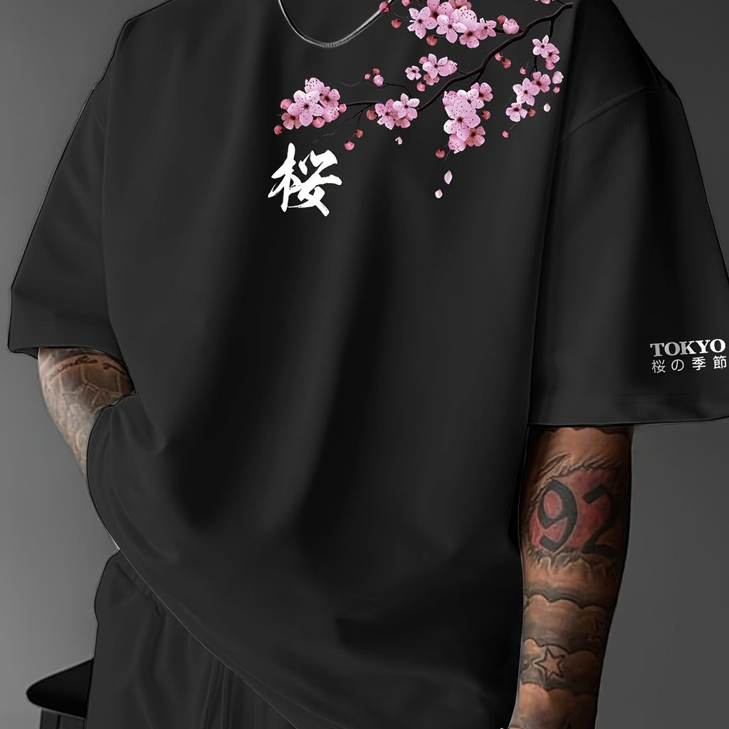 T-shirt à manches courtes pour homme, imprimé mode streetwear décontracté, motif fleurs de cerisier et éléments japonais. Haut confortable à col rond, idéal pour le printemps et l'été.
