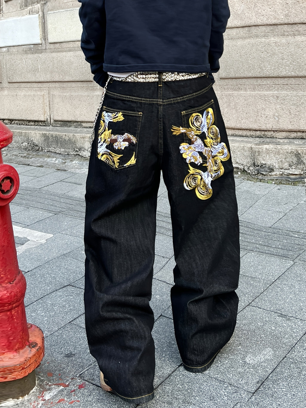 Jean ample en denim brodé doré style vintage américain, résistant et durable | Style streetwear hip-hop, tissu non extensible, longueur standard, toutes saisons, poches, ceinture non incluse