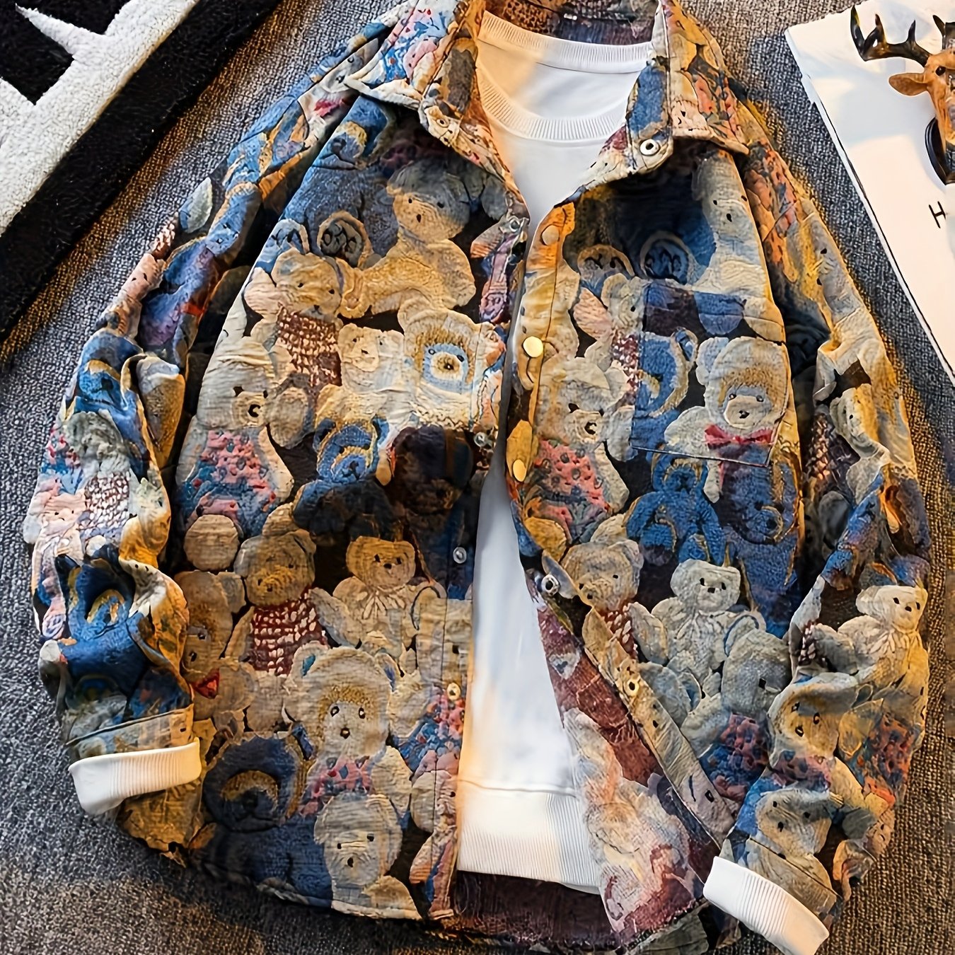 Veste Chemise Homme Vintage Américaine Ours Tissé, Chemise Décontractée Tendance Haut de Gamme pour l'Automne