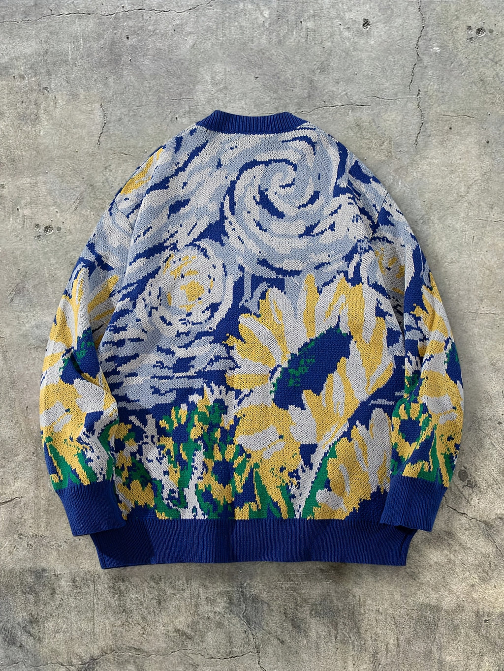 Nouveau pull unisexe décontracté pour hommes et femmes, idéal pour les trajets quotidiens, orné d'un motif abstrait inspiré des peintures à l'huile de Van Gogh, avec un design de cardigan à manches longues en maille.