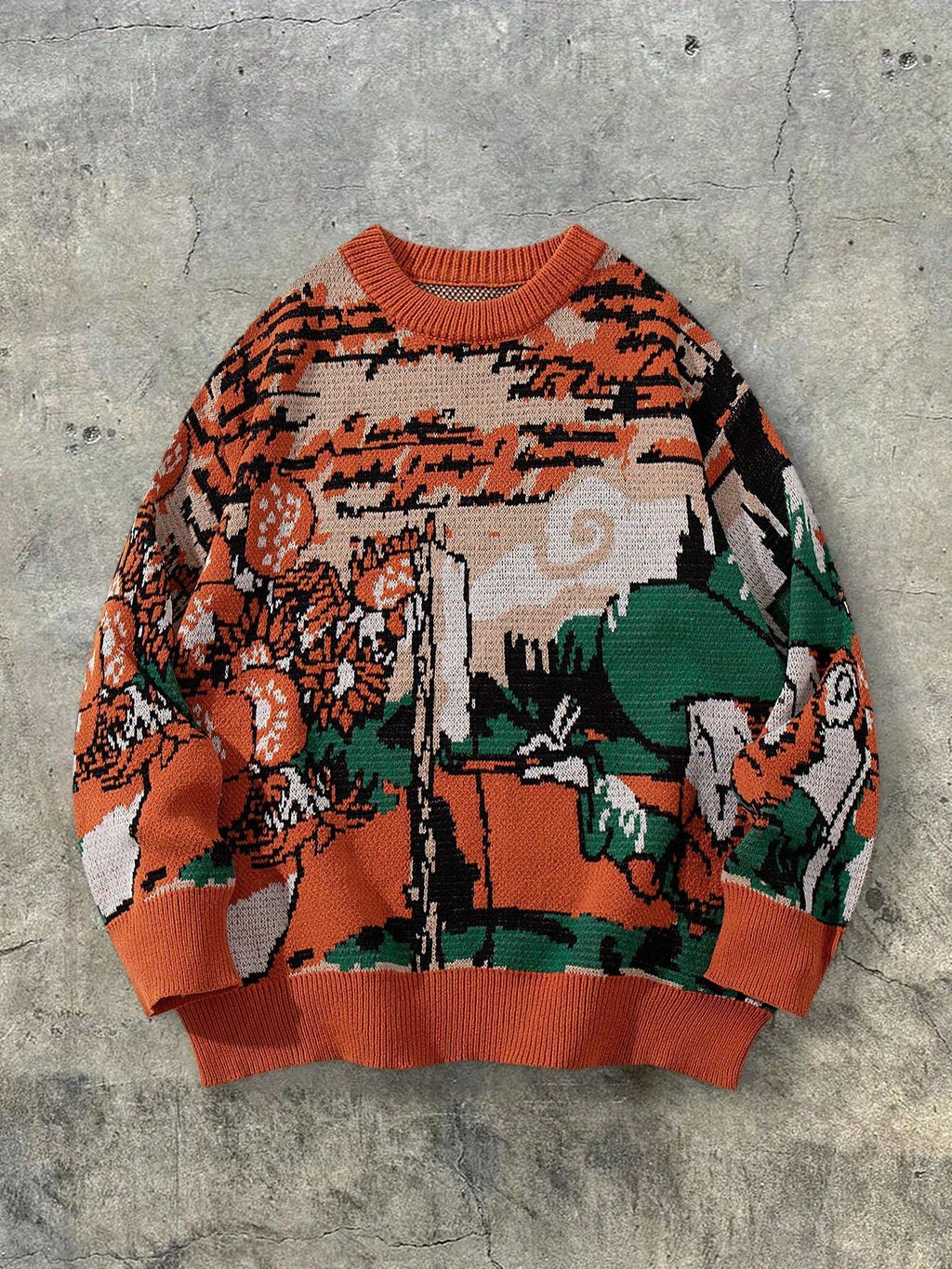 Pull unisexe à manches longues et coupe ample - Motif géométrique orange vif, vert, col rond, poignets côtelés, idéal pour le printemps et l'automne, polyvalent pour une tenue décontractée.