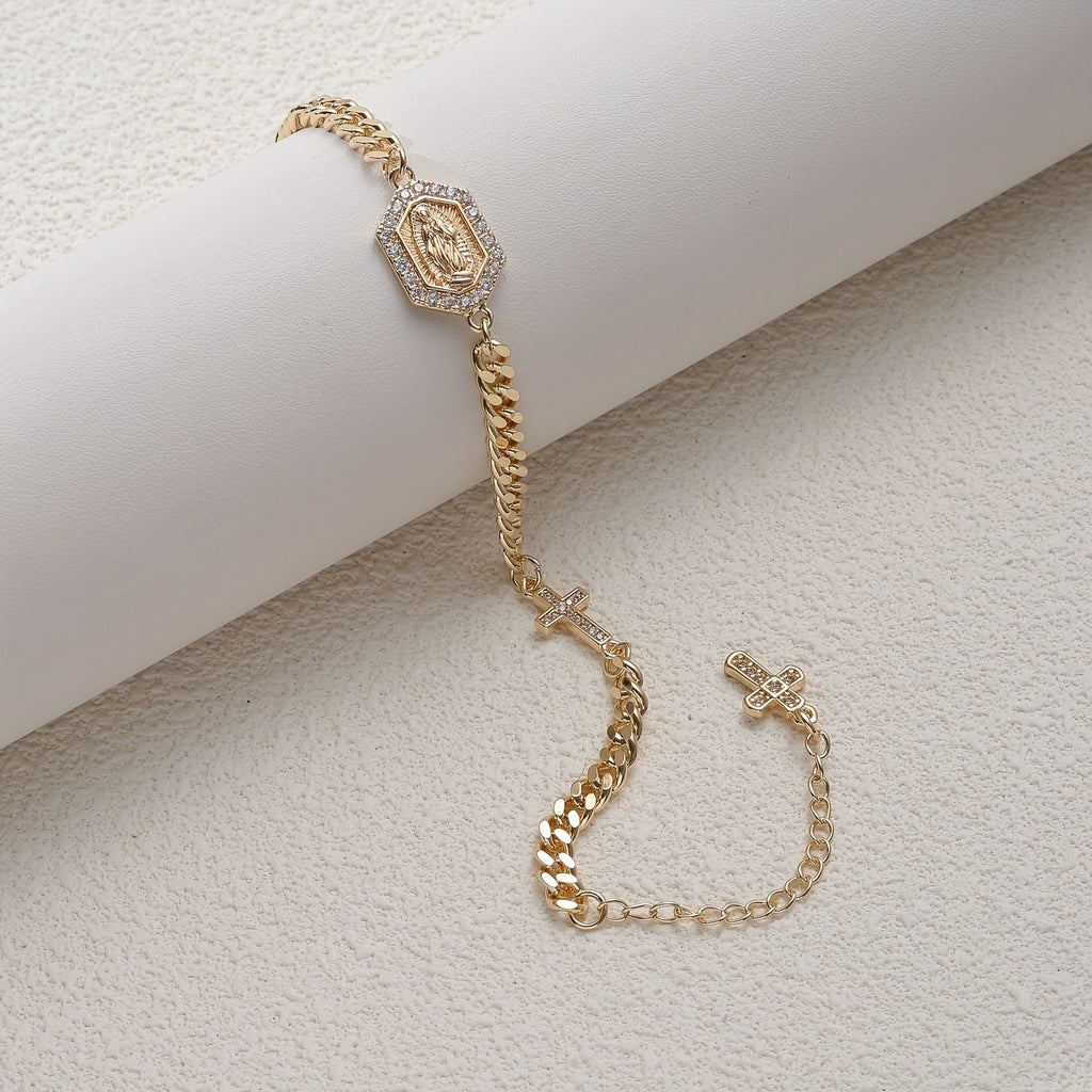 Bracelet religieux vintage et élégant plaqué or 14 carats, orné de zirconiums cubiques. Bijou unisexe, idéal pour la prière quotidienne et la méditation. À porter au quotidien, en cadeau, pour les fêtes, Noël, Halloween ou comme accessoire de mode.