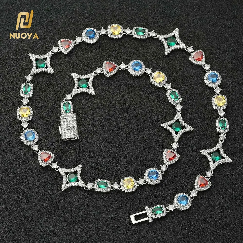 NUOYA Nouveauté Chaîne en pierres précieuses colorées pour femme, plaquée or 18 carats, motif géométrique en zircon coloré, style hip-hop