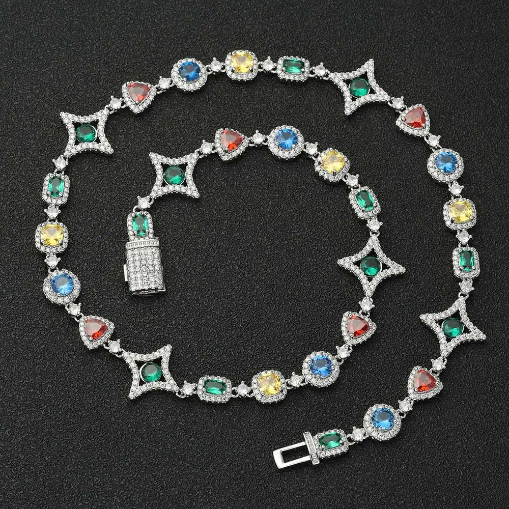 NUOYA Nouveauté Chaîne en pierres précieuses colorées pour femme, plaquée or 18 carats, motif géométrique en zircon coloré, style hip-hop