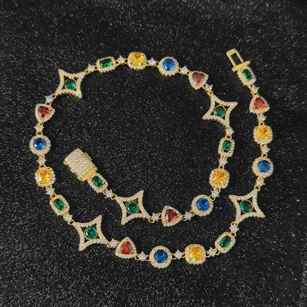 NUOYA Nouveauté Chaîne en pierres précieuses colorées pour femme, plaquée or 18 carats, motif géométrique en zircon coloré, style hip-hop
