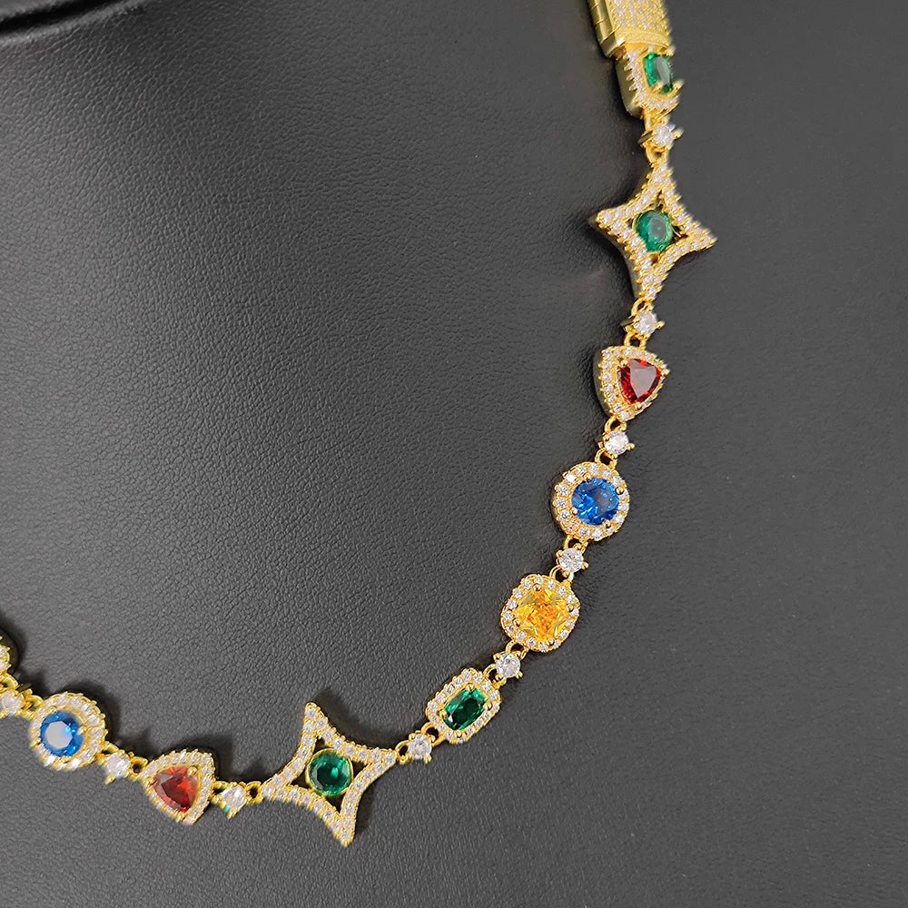 NUOYA Nouveauté Chaîne en pierres précieuses colorées pour femme, plaquée or 18 carats, motif géométrique en zircon coloré, style hip-hop