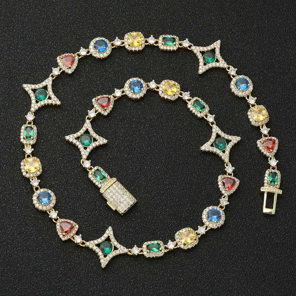 NUOYA Nouveauté Chaîne en pierres précieuses colorées pour femme, plaquée or 18 carats, motif géométrique en zircon coloré, style hip-hop