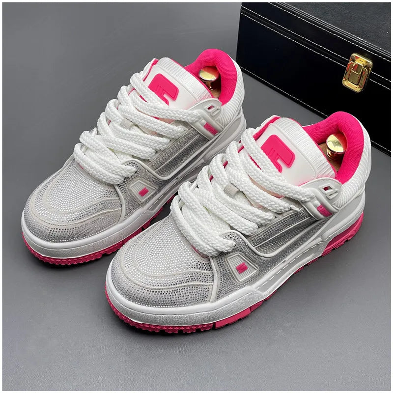 Rhinestone Sports Shoes Trend Spring New Men Thick-Soled Casual Walking Tennis Shoes Shiny Black Diamond Breathable Sneakers