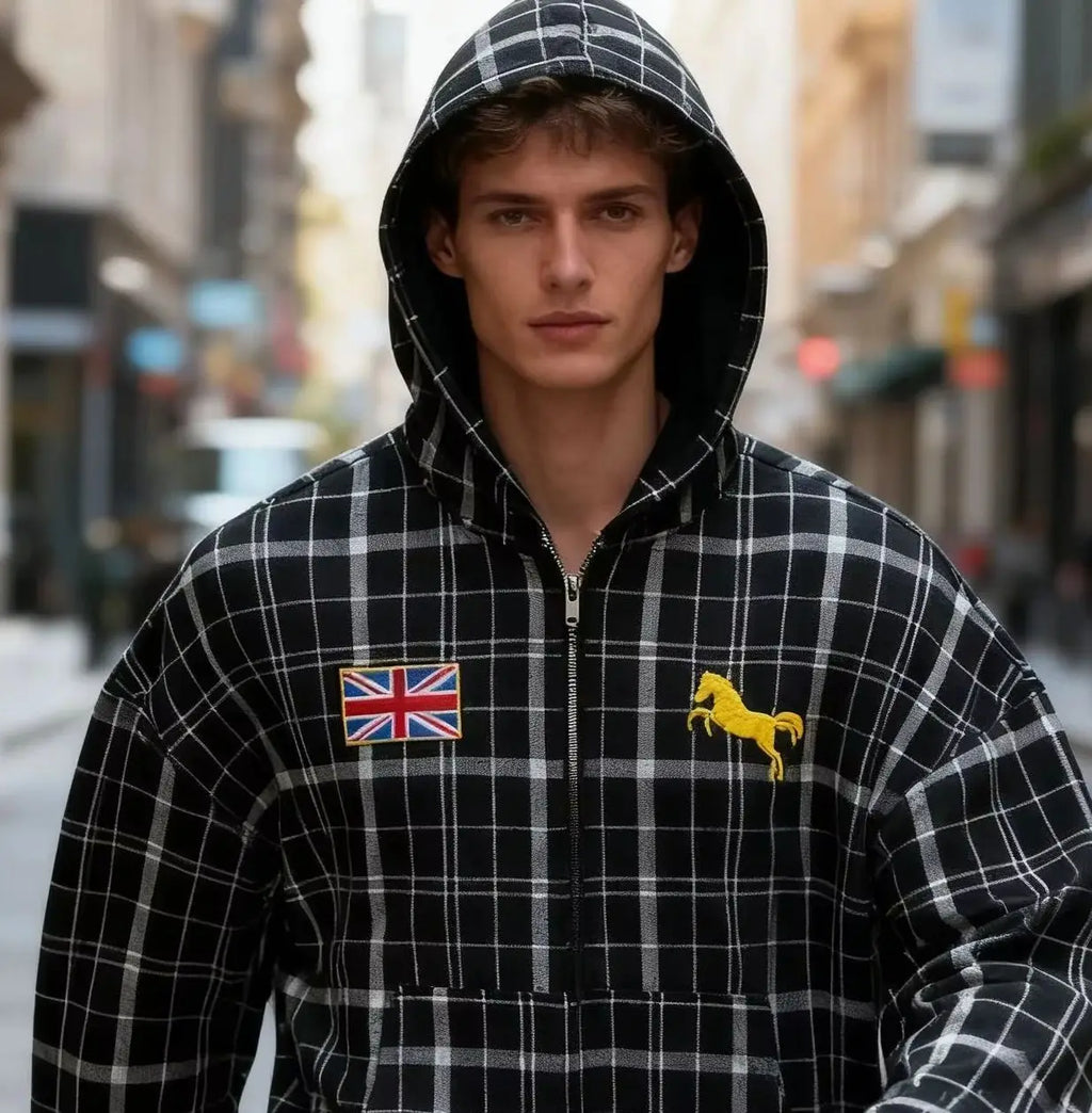 Sweat à capuche rayé automne-hiver 2025, style streetwear Y2K, broderie drapeau national, coupe ample