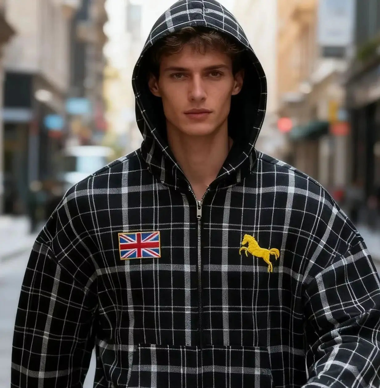 Sweat à capuche rayé automne-hiver 2025, style streetwear Y2K, broderie drapeau national, coupe ample