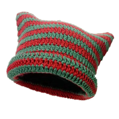 Cute Cat Ears Beanie Hats for Women Winter Striped Korean Punk Gothic Y2K Wool Knitted Streetwear Handmade Crochet Bucket Cap