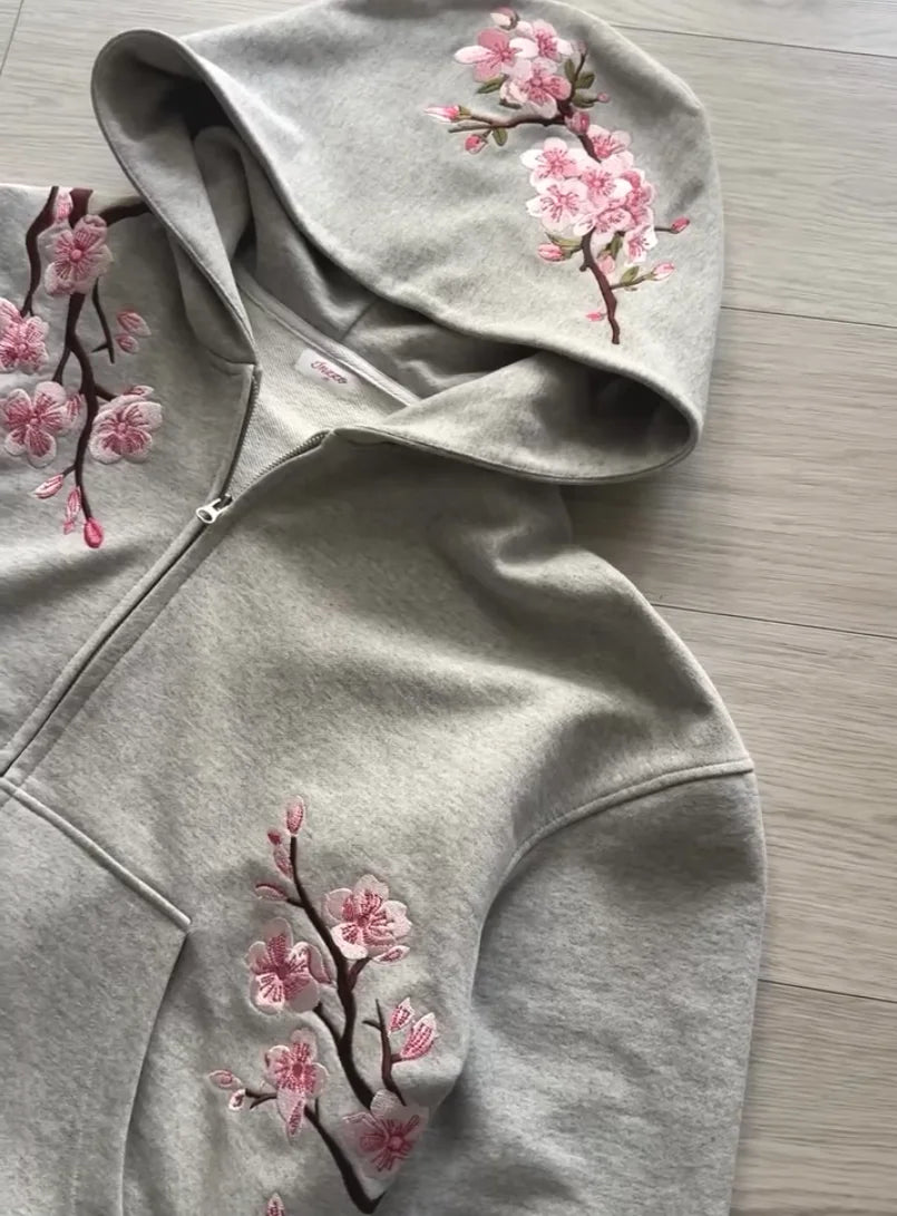 Y2K Vintage Oversized Cherry Blossom Embroidered Hoodie