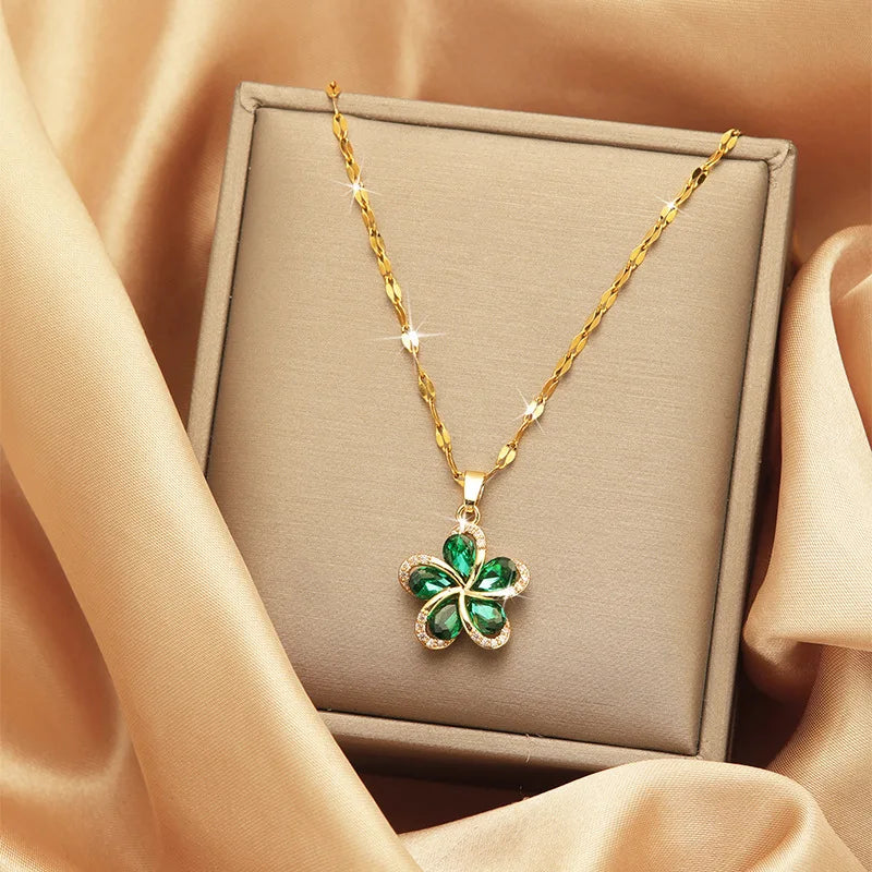 Collier pendentif fleurs en zircon vert en acier inoxydable pour femmes, nouvelle chaîne de luxe pour filles, cadeaux d'anniversaire bijoux