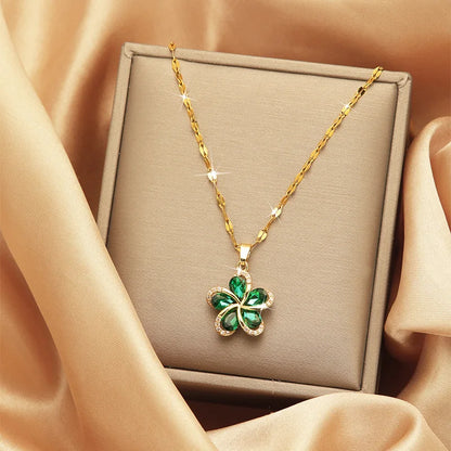 Stainless Steel Green Zircon Flowers Pendant Necklace For Women New Luxury Girls Lucky Chain Birthday Jewelry Gifts