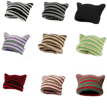 Cute Cat Ears Beanie Hats for Women Winter Striped Korean Punk Gothic Y2K Wool Knitted Streetwear Handmade Crochet Bucket Cap
