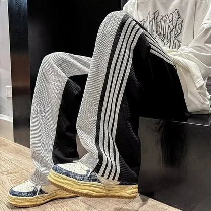 Trousers Summer Men's Sweatpants Thin Striped Straight Male Sports Pants Wide Leg Big Size Korean Y2k Fashion 2025 Casual Long