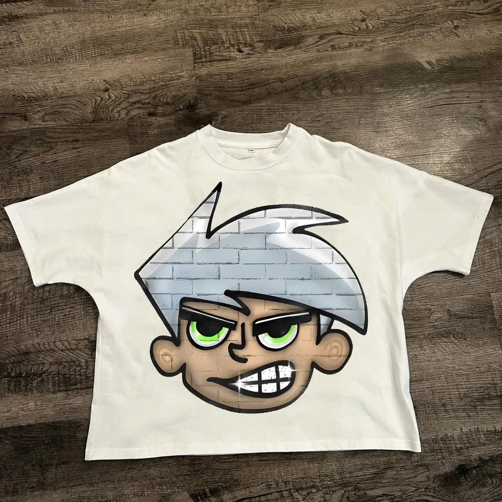 T-shirt ample unisexe en coton style hip-hop streetwear Harajuku avec motif de dessin animé américain chic