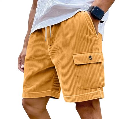 Men's Summer Corduroy Cargo Shorts Casual Multi-Pocket Drawstring Waist Breathable Sports Beach 5-Point Pants Loose Fit Trousers