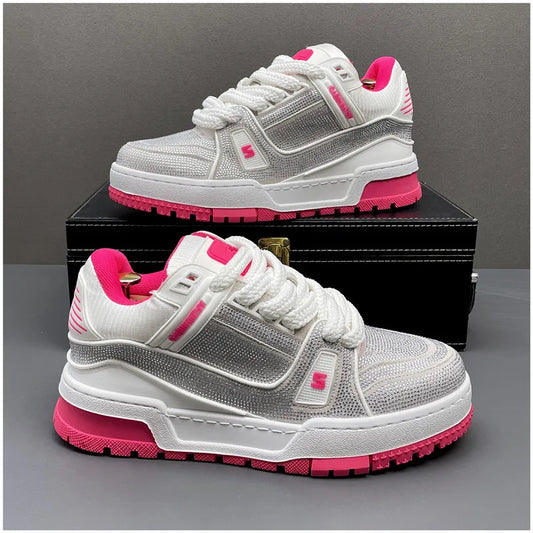 Rhinestone Sports Shoes Trend Spring New Men Thick-Soled Casual Walking Tennis Shoes Shiny Black Diamond Breathable Sneakers