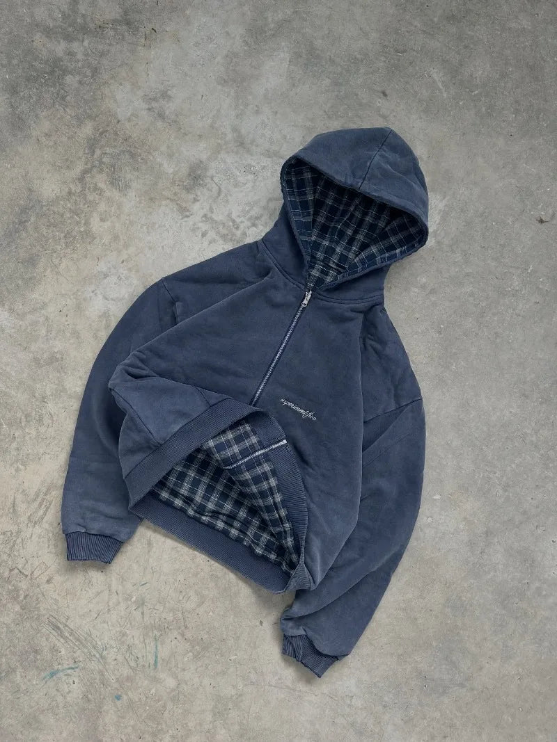 Hoodie zippé réversible à carreaux style rétro américain, mode masculine, nouveau sweat décontracté Harajuku Y2K délavé épais, femme