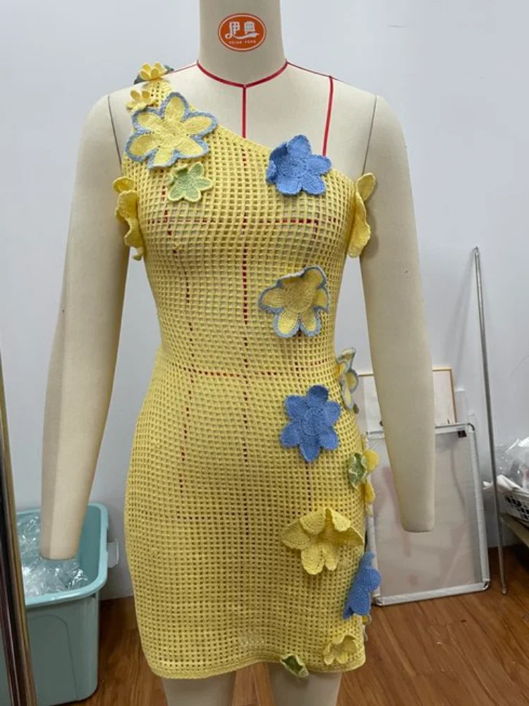 Colorful Flowers Embroidery Crochet Knitted Mini Dress Women Hollow Out Strap Backless Sleeveless Dresses Street Vacation Party