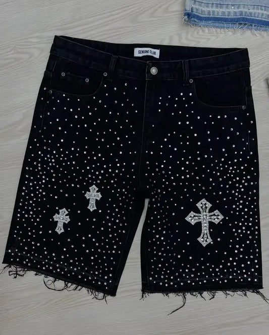 Streetwear Vintage Cross Rhinestone Sequin Denim Shorts Y2K Mens Womens Vintage Washed Baggy Casual Shorts Over The Knee Pants