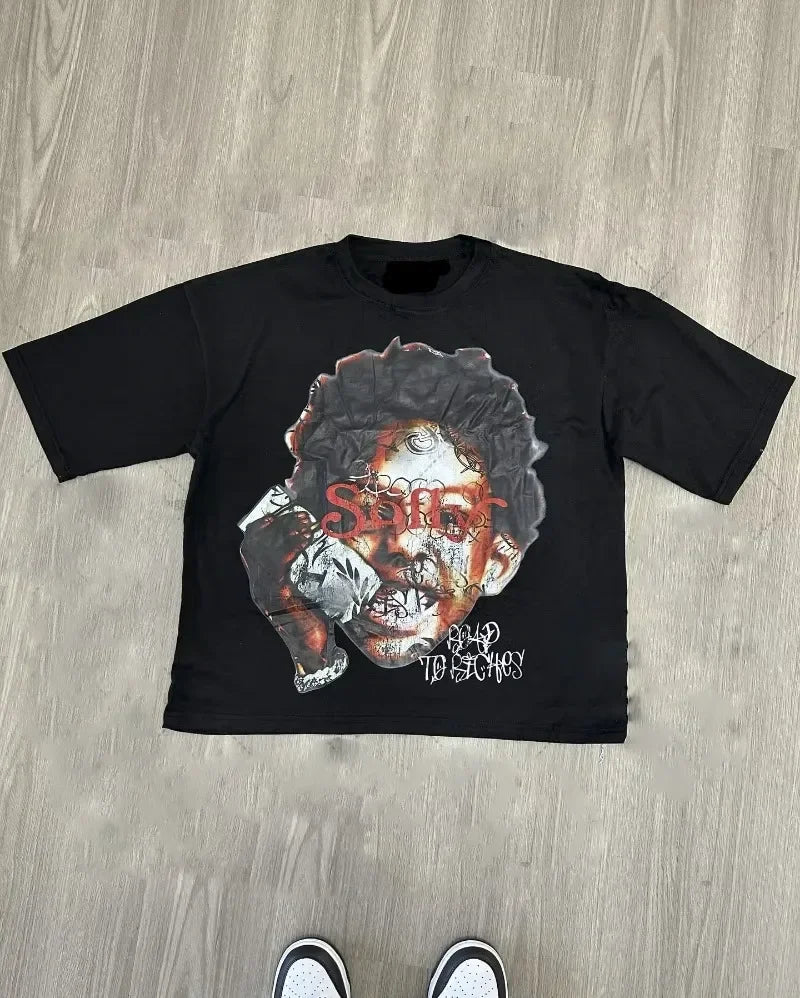 T-shirt ample unisexe en coton style hip-hop streetwear Harajuku avec motif de dessin animé américain chic