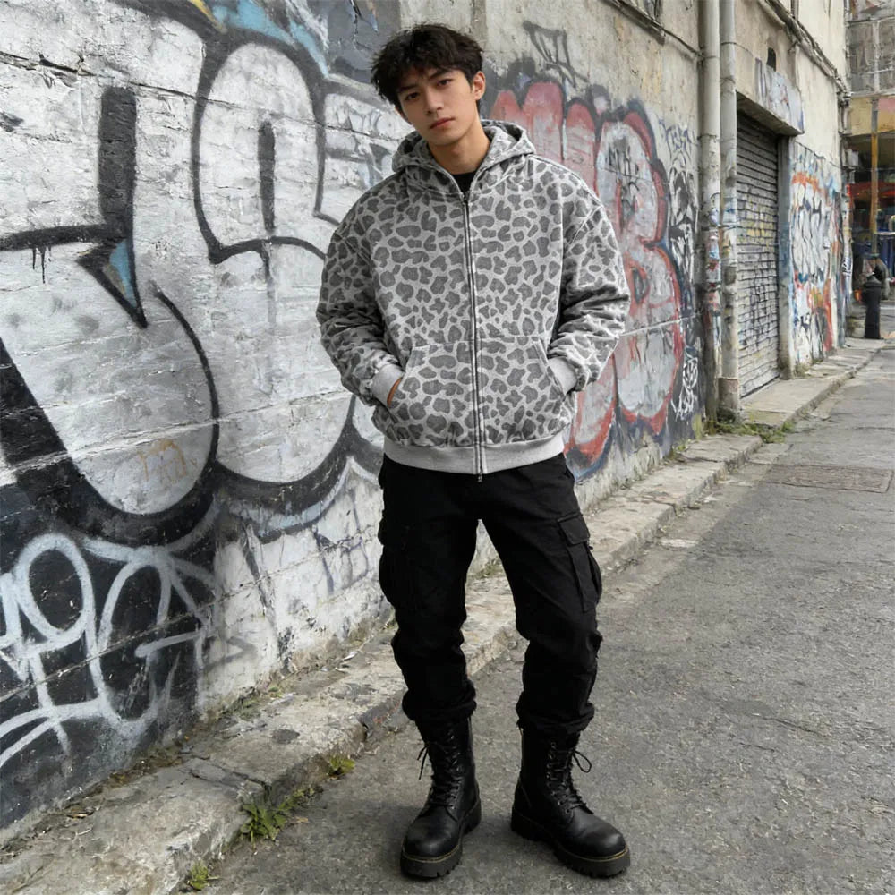 Sweat à Capuche Zippé Imprimé Léopard Minimaliste 2026 Pour Hommes Femmes Ample Imprimé Intégral Tissu Doux Tendance Quotidien Streetwear