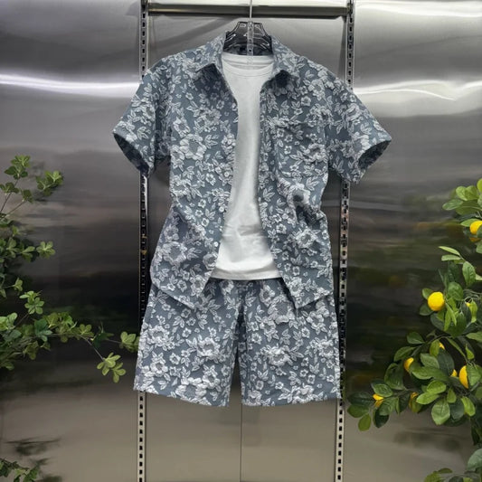 2026 New Summer Fashion Men's Casual Set Embossed Jacquard Lapel Short Sleeve Shirt Shorts 2 Piece Outfit Lightweight