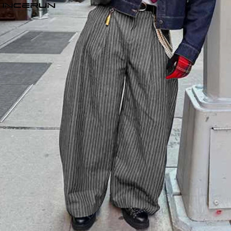 INCERUN Men's Wide Leg Pants Striped Joggers Oversize Button Casual Trousers Men Streetwear 2025 Fashion Loose Long Pants S-5XL