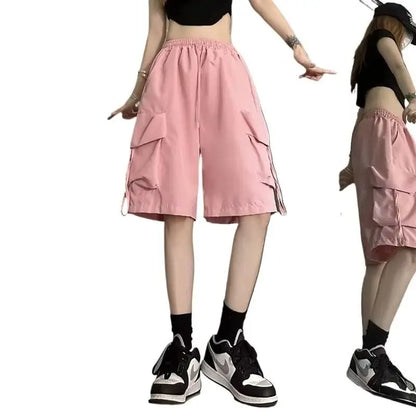 2026 Women High  Fashion Female Big Pocket Loose Shorts New Waist Cargo Shorts American Style Streetwear Summer Wide Leg Pants