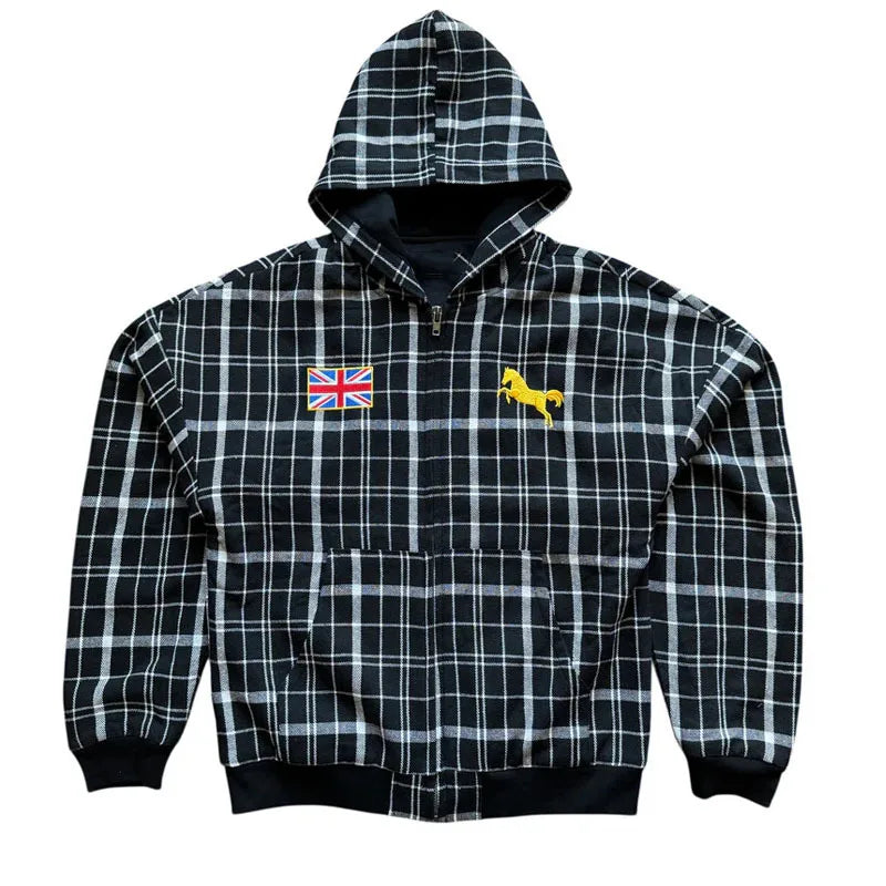 Sweat à capuche rayé automne-hiver 2025, style streetwear Y2K, broderie drapeau national, coupe ample